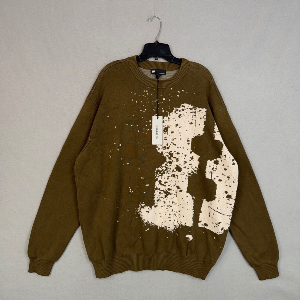 G-Star RAW Sweater Mens 2XL Olive Graphic StreetwearS prayed 89 GR Relaxed Knit